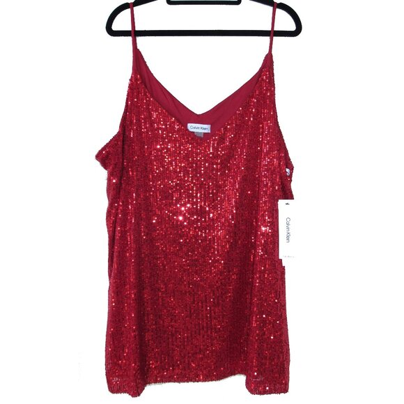 Calvin Klein Plus Size Red V-Neck Sleeveless Sequin Camisole Top Size 3X NWT - Picture 2 of 3